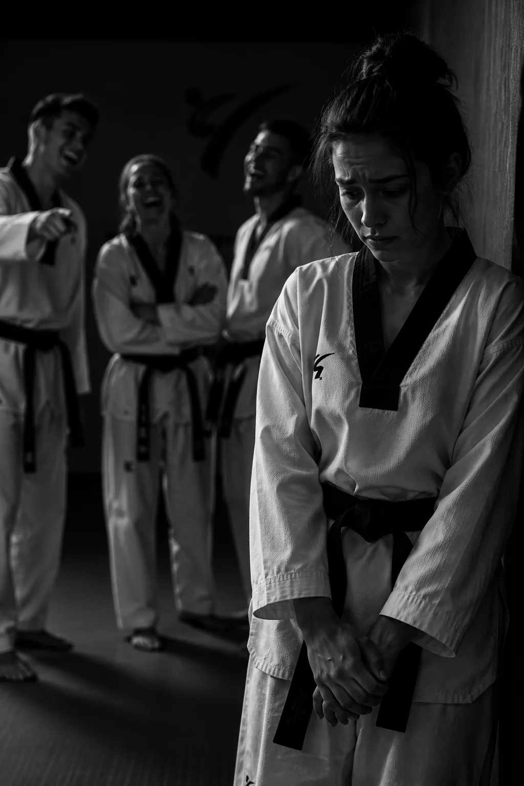 An isolated taekwondo athlete looking down while teammates laugh behind her.