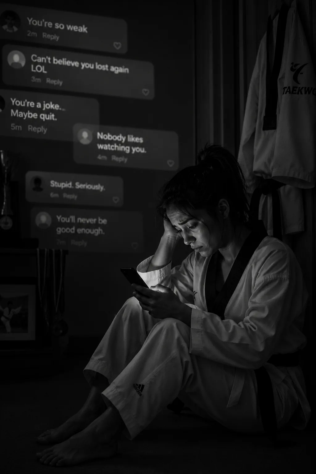 A distressed taekwondo athlete reading cruel messages on her phone after training.