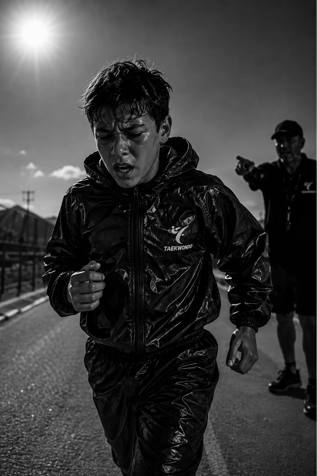 An exhausted young taekwondo athlete running in an impermeable sweat suit under a coach's direction.
