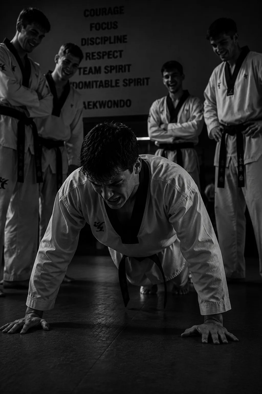 A taekwondo athlete being forced through a humiliating exercise while teammates laugh.